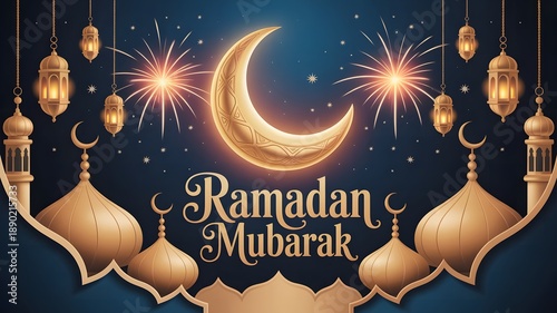 Ramadan mubarak celebration with a crescent moon lanterns and fireworks