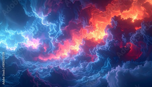 A vibrant cosmic display shows a fiery red and orange core surrounded by electric blue and purplish clouds