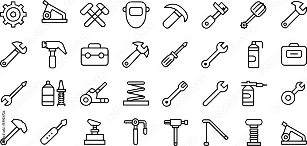 Obraz premium Industrial tools and mechanical equipment icons set, construction repair hardware line vector illustration for engineering maintenance workshop concepts design