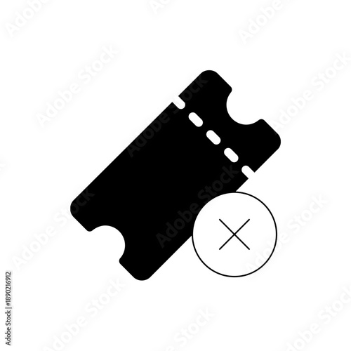 A black vector graphic of a cancelled ticket icon with a white background