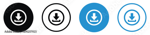 Universal download icons with downward arrow in circular borders. Essential for file sharing platforms, website navigation, software installation buttons, and digital content management.