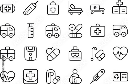 Medical healthcare line icon set with ambulance syringe pills and hospital symbols isolated on white background vector design illustration