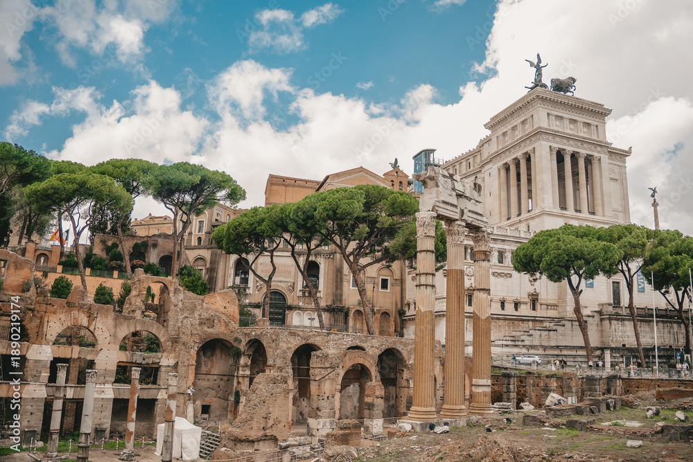 Fototapeta premium Panoramic View Of The Roman Forum. Ancient ruins, stone columns, historic landmarks bathed in warm sunlight.