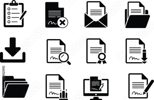 Minimal black document and file management icon set with office paperwork email folder workflow symbols isolated on white background