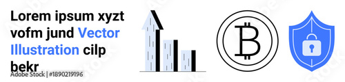 Cryptocurrency, financial security, investment, blockchain, digital assets, data protection. Bitcoin symbol, shield with lock and bar graph. Cryptocurrency and financial security