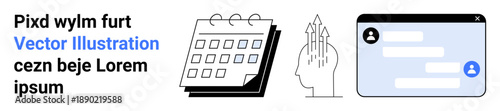 Planning, technology, communication, digital interaction, scheduling, human innovation. A calendar, digital head and chat window how planning and communication integrate with technology. Technology