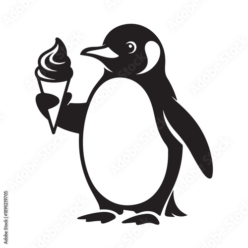 A cartoon penguin holding an ice cream cone in a playful and fun illustration