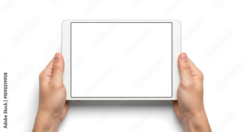 Naklejka premium Hands holding a digital tablet from a top view displaying a blank screen on a white surface.
