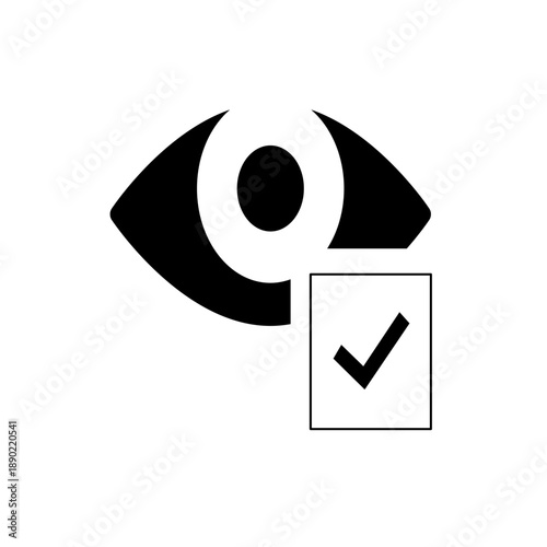 A black and white vector graphic of an eye with a checkmark in a box