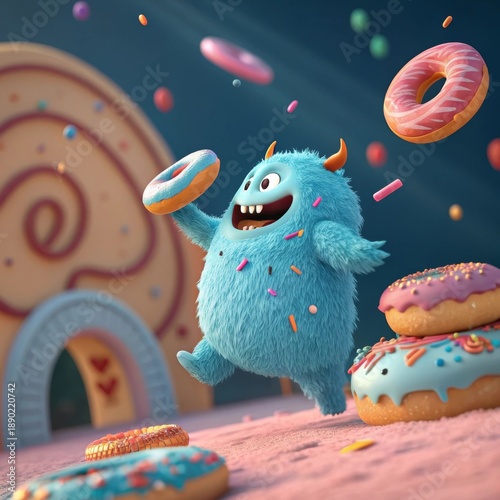 A joyful blue monster playfully juggles colorful donuts in a sweet, whimsical world.