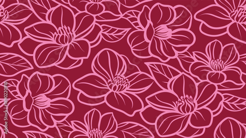 Elegant floral pattern with pink magnolias on deep red