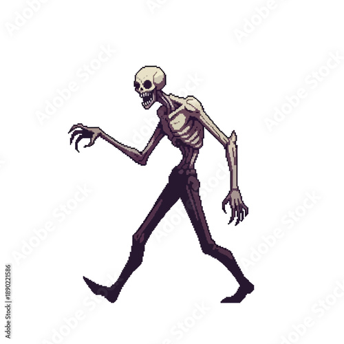 Pixelated skeleton character walking in a spooky, creepy animation