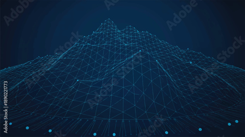 A digital art piece depicting a mountainous landscape rendered in a wireframe style with cyan-blue lines and dots against a deep navy blue background (3)_traced