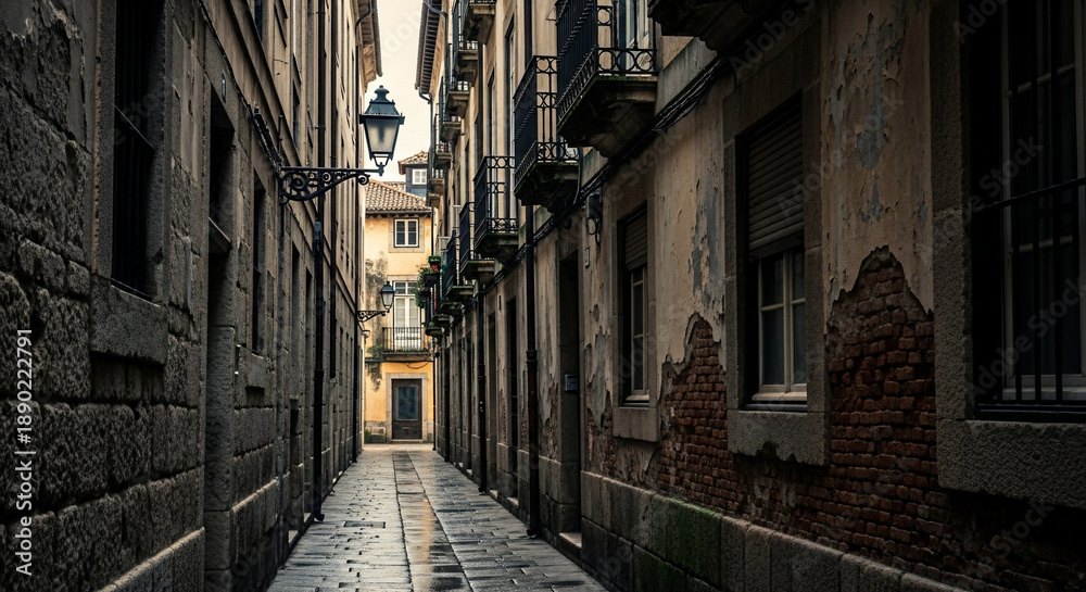 Fototapeta premium Alleyway Serenity: A narrow, historic alley, with aged stone buildings and a street lamp, invites one to journey through time. The interplay of light and shadow, the aged textures.