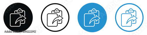 Set of folder icons with an outgoing arrow, symbolizing file sharing, exporting, or data transfer. Clean outline and solid styles in black and blue for software and web applications.