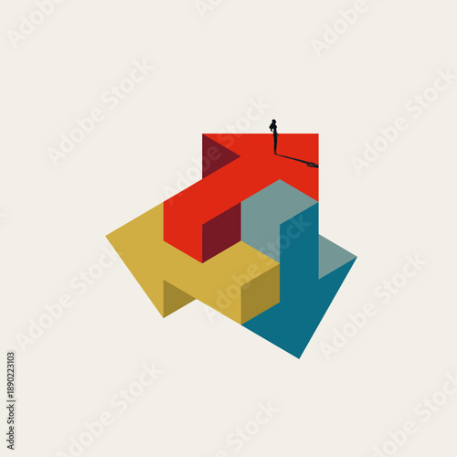 This minimal vector illustration features a businessman facing a decision between opposite direction arrows. It represents a business concept symbol of choosing a professional path.