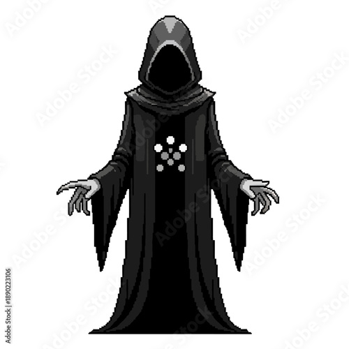 A dark hooded figure with glowing symbols on its chest, representing mystery and the unknown
