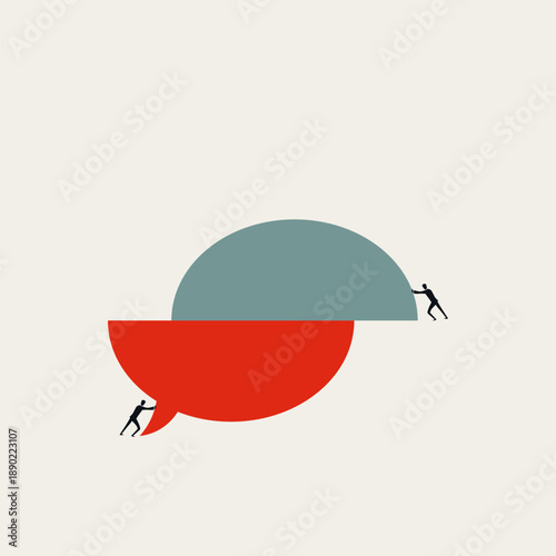This minimal vector illustration features a businessman with a large speech bubble, representing a business communication concept, teamwork, and conversation during a professional speech.