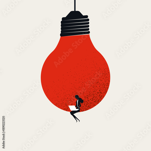 This minimal vector illustration shows a woman content creator brainstorming a new business idea on her laptop, a concept symbol for creativity and writer inspiration.