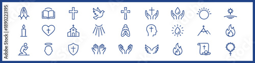 Faith Line Editable Icons set. Vector illustration in modern thin style of religion related icons: prayer, God, saint spirit, and more. Isolated on white background