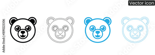 A set of four cute bear face icons in various colors and line styles, perfect for use in digital designs, branding, and marketing materials.
