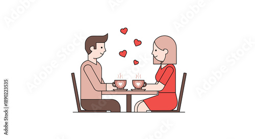 A romantic couple on a date sitting at a table with steaming cups of coffee surrounded by floating red hearts conveying love affection and a cozy atmosphere for Valentine's, Generative AI.