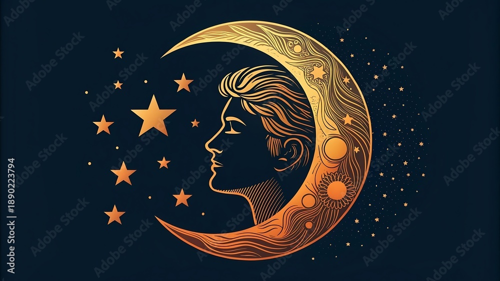 Fototapeta premium Golden crescent moon with a woman s face and starry night sky