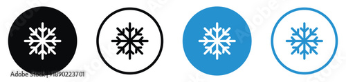 Simple snowflake icon set in four styles: solid black, outlined, solid blue, and blue outline. Perfect for winter weather, cooling systems, refrigeration, or holiday design elements.
