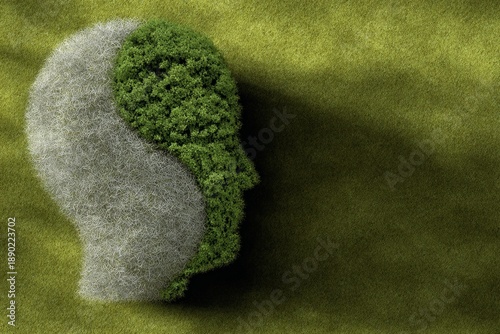 Human head shape divided into two halves representing nature and inorganic matter on green grass