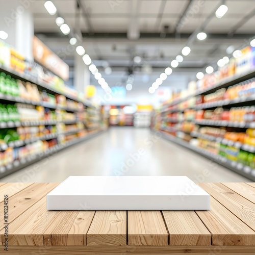 Blank White Product Display Podium on Wooden Table in Supermarket