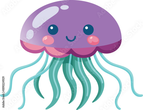 Cute smiling purple jellyfish cartoon illustration with bright teal tentacles on a white background