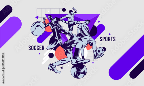 Dynamic soccer player action in flat vector style with geometric background elements. Modern sports conceptual art for athletic competition, football tournament, and professional fitness branding.