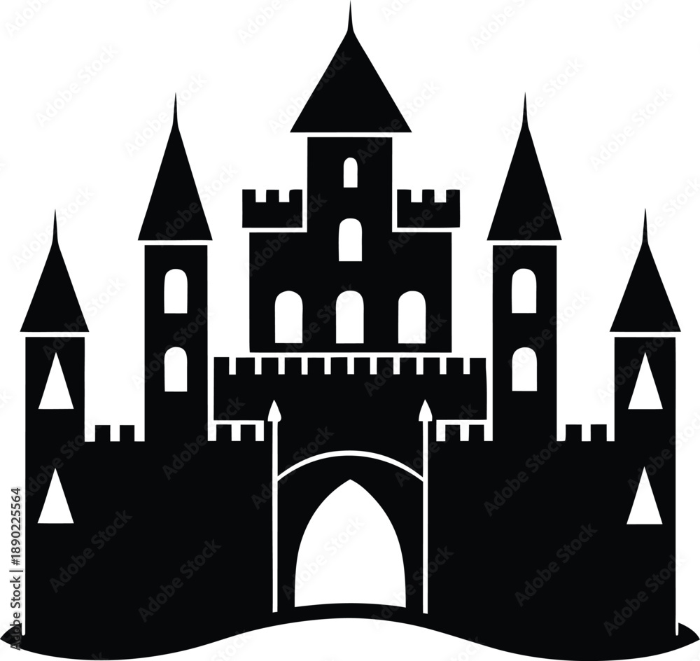 Fototapeta premium Majestic fairytale castle silhouette featuring multiple turrets, battlements, and an arched entrance