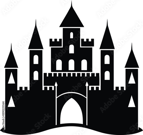 Majestic fairytale castle silhouette featuring multiple turrets, battlements, and an arched entrance