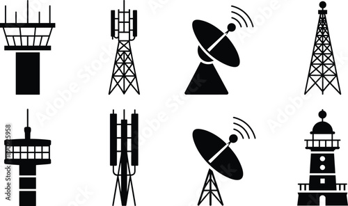 Communication tower and satellite antenna silhouette icon set for wireless telecom network infrastructure isolated on white background vector