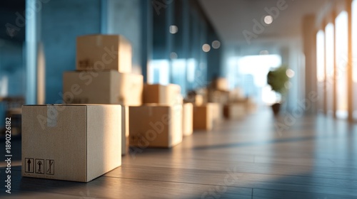 Packed boxes line a sleek office corridor, waiting to be moved or shipped. Sunlight illuminates the packages on the polished floor of the modern business environment