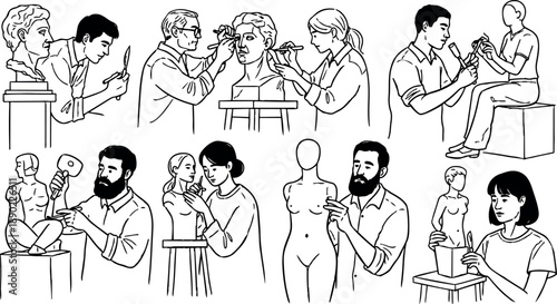 Line art vector showing diverse artists sculpting busts and statues in studio focusing on fine details with serious expressions and careful hand movements