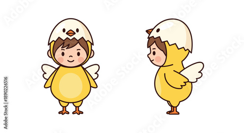 Adorable Cartoon Child Dressed as a Chick: A sweet illustration of a child wearing a yellow chick costume with an eggshell hat presented in front and side views ideal for East, Generative AI.