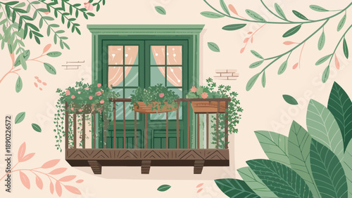 Charming green balcony architecture adorned with decorative leaves, evoking a sense of natural urban beauty and modern design.