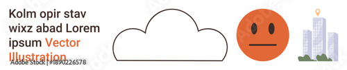 Technology, emotions, cloud computing, smart cities, digital communication, urban life. Minimalist cloud, neutral emoticon and buildings. Technology and emotions in urban connectivity concept