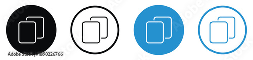 Professional copy and duplicate document icons. Features two overlapping pages in black and blue circular frames. Ideal for file management, user interface design, and office workflow apps.