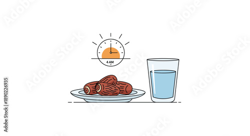 Plate of dates and glass of water with clock showing 4 AM representing Suhoor the pre-dawn meal during Ramadan healthy breakfast fasting preparation early morning Islamic, Generative AI.