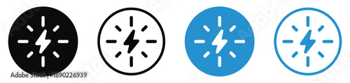 Vector set of solar power and renewable energy icons featuring a lightning bolt with sun rays. Minimalist circular designs in black and blue for sustainable technology and green utility.