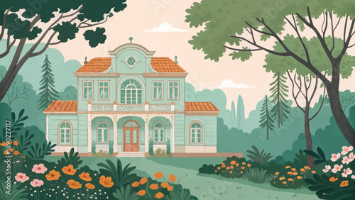 Nature-themed building illustration with soothing pastel greens, blending organic elements with modern architectural design.