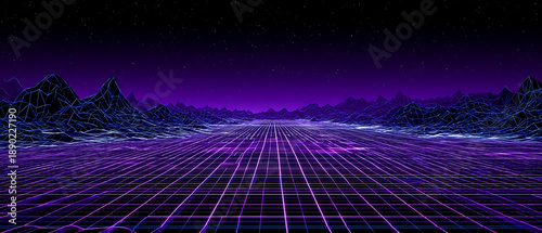 Retro futuristic background grid landscape neon mountain valley digital horizon purple glow vaporwave synthwave style background