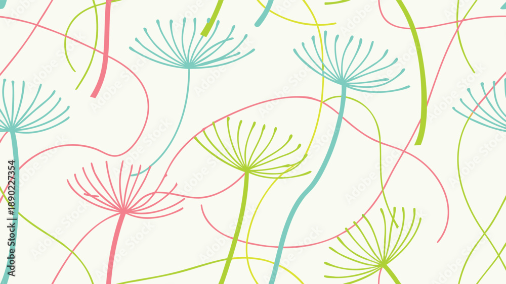 Obraz premium Vibrant floral pattern with colorful dandelion flowers and delicate lines
