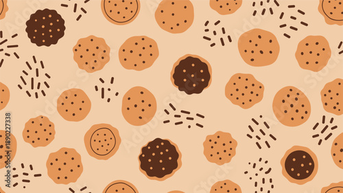 Hand drawn pattern of various cookies and sprinkles on a warm beige background for a cozy bakery and confectionery aesthetic.