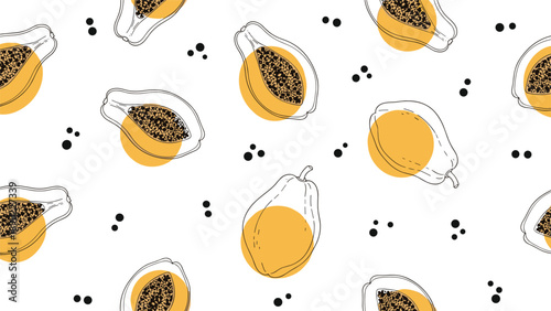 Modern papaya pattern with simple line drawings, orange circular highlights, and black seed dots on a crisp white background.