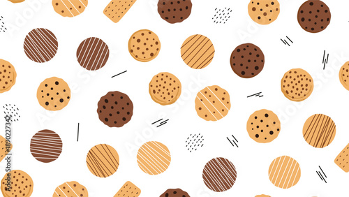 Diverse cookie pattern showcasing various types of biscuits like chocolate chip and sprinkles on a clean white background.