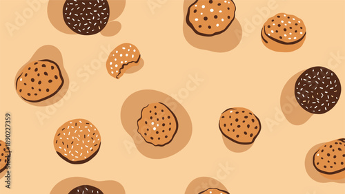Seamless pattern featuring a variety of chocolate chip cookies and sprinkles on a light brown background for sweet themes.